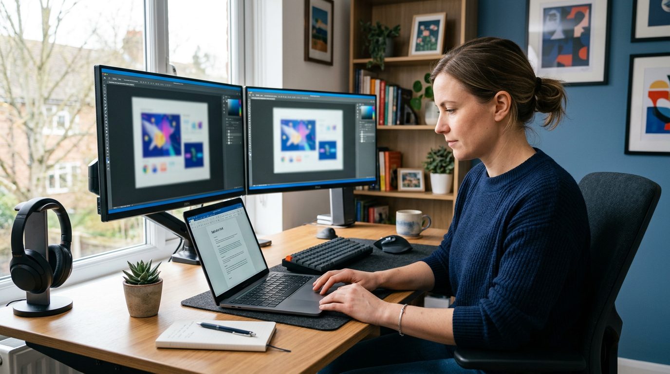 A freelance designer reviewing a personalized job application draft on a laptop dashboard